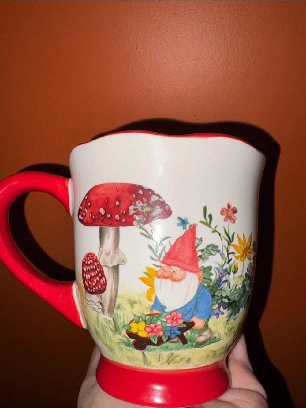 Set of 2 Cracker Barrel Gnome & Mushroom Ceramic Mug in White and Red Cottage